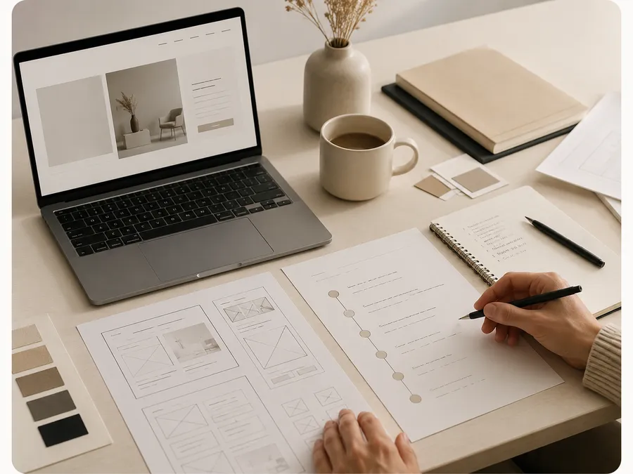 Planning a website project — wireframe sketches, colour swatches and a laptop mockup on a desk.